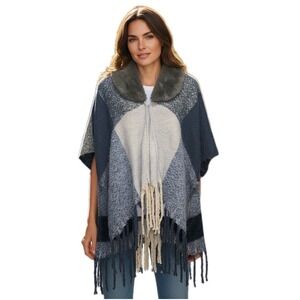 Adrienne Vittadini Faux Fur Collar Kimono Sweater‎ Jacket Fringe Poncho One Size